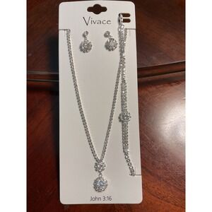 Vivace Rhinestone Necklace Earrings Bracelet Set Silver Tone Crystal Jewelry
